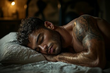 dedicated bodybuilder peacefully sleeping comfortable bed subtle fitness elements background merging relaxation and athletic lifestyle calming space.