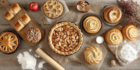 Fototapeta premium A delightful spread of baked treats, including apple pie and cinnamon rolls, fills the rustic wooden table, evoking a sense of home and comfort. Flour dust adds a touch of charm.