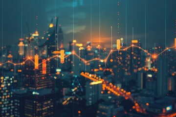 Obraz premium City skyline with digital stock market graph overlay
