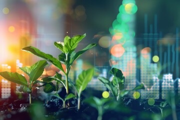 Plants with urban cityscape and digital data overlay