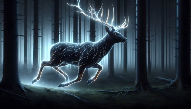 magic deer with glowing horns in the dark forest, 3d rendering