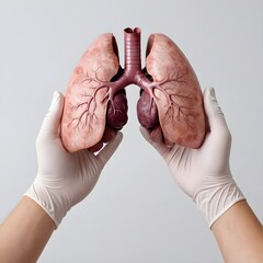 Human hands holding lung organ symbol. Awareness of lung cancer, pneumonia, asthma, COPD, pulmonary hypertension, world no tobacco day and eco air pollution. Respiratory and chest concept.