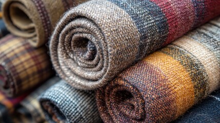 Fototapeta premium Rolled woolen blankets in earthy tones