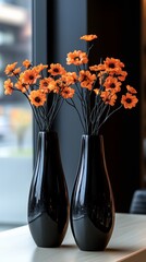 Elegant Office with a Minimal Halloween Theme, Including Sleek Black Vases and Orange Florals.