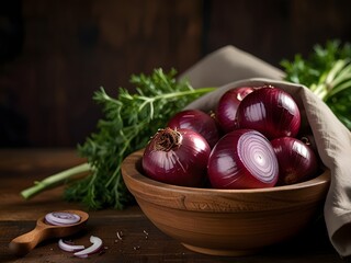 Red Onions in Wooden Bowl with Green Parsley - Powered by Adobe