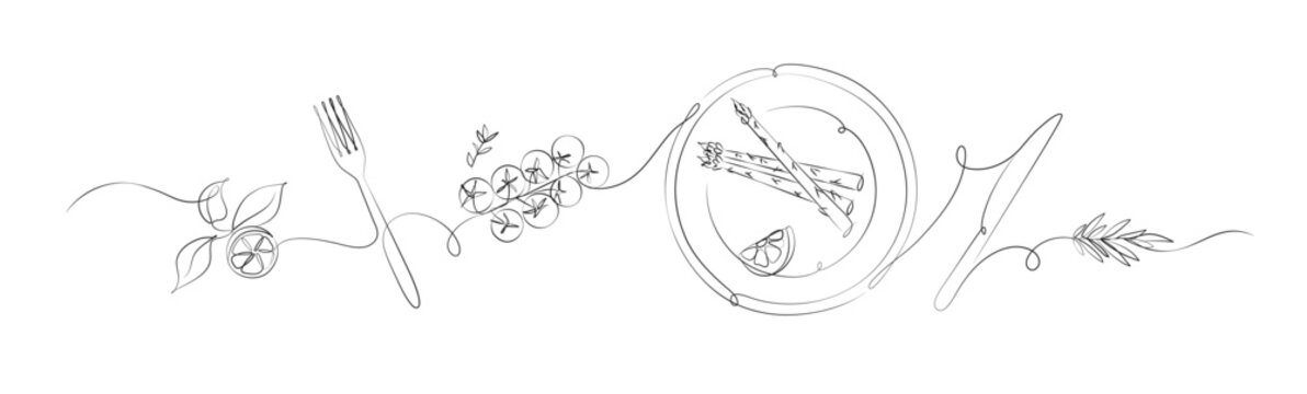 Vegetables linear silhouette illustration with lemon, fork, tomatoes, plate, asparagus, rosemary, knife drawing on white background