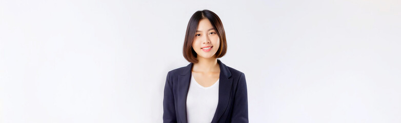 A portrait of an Asian woman wearing a black suit and a white T-shirt against a white background.