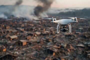 Drone surveying a disaster zone &ndash; Capturing aerial reconnaissance, emergency response, and disaster management technology