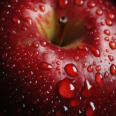 Close-up of a red apple with glistening water droplets, emphasizing freshness, juiciness, and vibrant texture