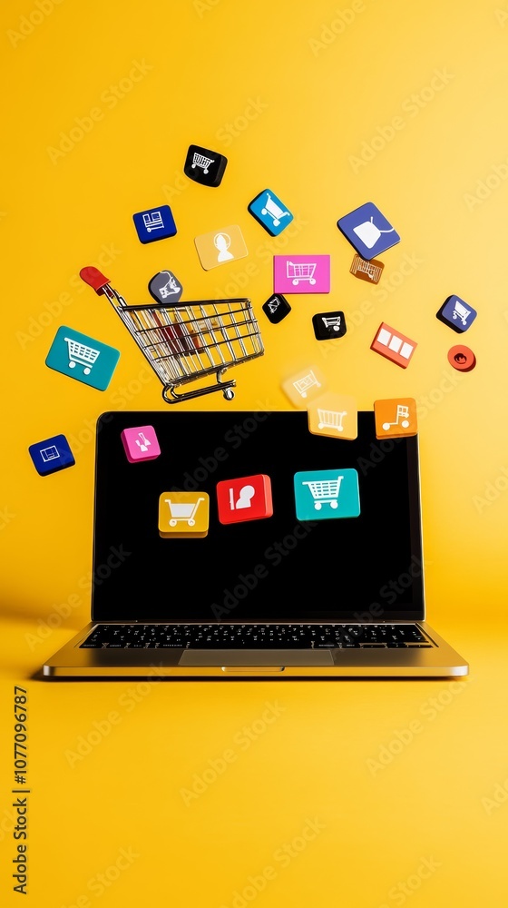 Aufkleber Miniature shopping cart and colorful icons representing various online services are floating above a laptop computer, symbolizing the ease and convenience of online shopping and e commerce