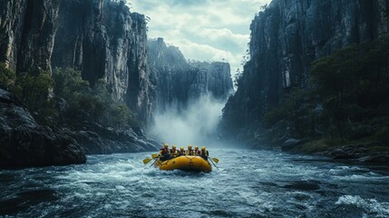 Group of people in a yellow raft navigate a river through a misty canyon