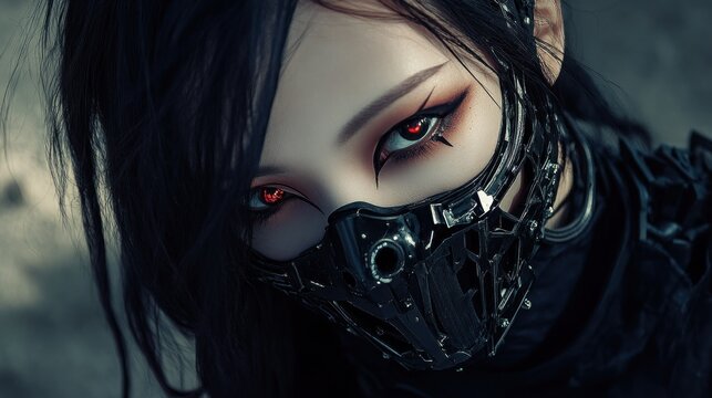 A mysterious cyberpunk asian female ninja with cover black face background wallpaper AI generated image
