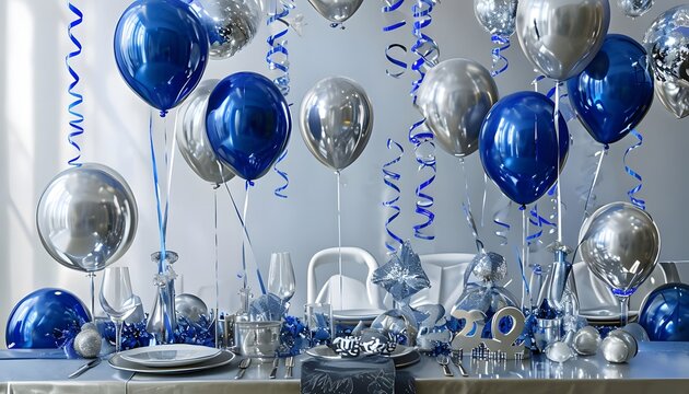 Stylish Party Table with Silver and Blue New Year Decorwith Blue bloon 