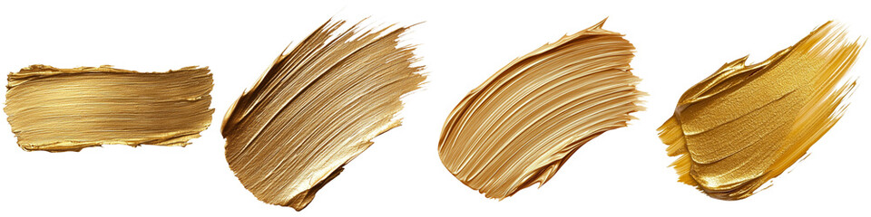 A collection of four artistic strokes of gold paint, showcasing varying textures and shine.