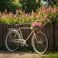 Fototapeta premium Charming Vintage Bicycle by Weathered Fence Surrounded by Blooming Flowers and Sunshine