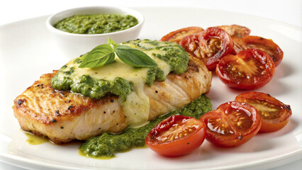 Savory chicken dish featuring pesto, cheese, and oven roasted tomatoes.