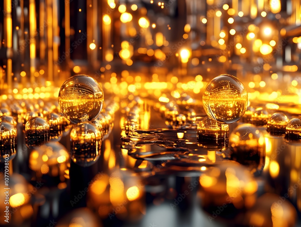 Poster Abstract composition featuring golden spheres reflecting light in a shimmering environment, creating a mesmerizing visual with depth and intricate detail for artistic backgrounds.