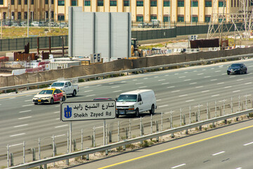 High-angle view of cars on Skeikh Zayed Road in Dubai City, United Arab Emirates.