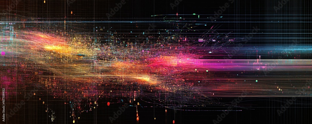 Poster Abstract data stream flowing through cyberspace with streaking lights