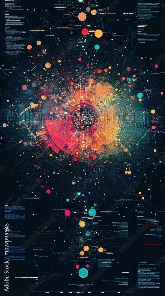 Poster Complex data visualization showing interconnected information flowing from central hub