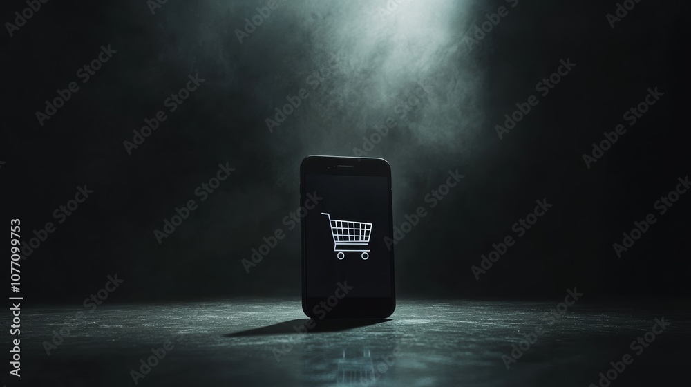 Poster mobile phone displaying shopping cart icon is placed on dark surface with dramatic lighting and smok