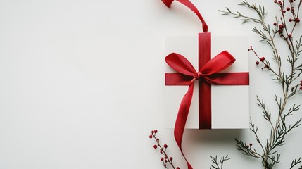 A blank gift tag elegantly tied with a red ribbon on a clean white background, ready for personalization.