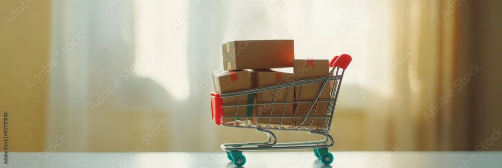 Poster small cardboard boxes filling a miniature shopping cart on a table symbolize the ease and convenienc