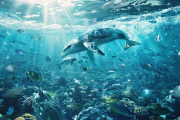 Naklejka premium Whale Swimming Through a Vibrant Coral Reef Ecosystem