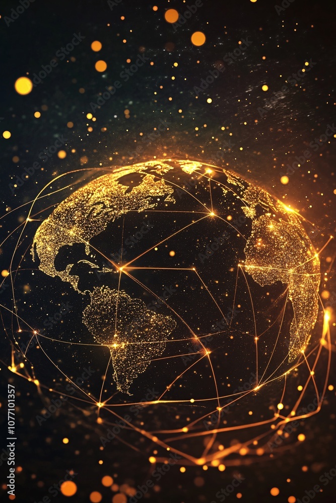 Poster Golden earth showing global connections and data flow in space