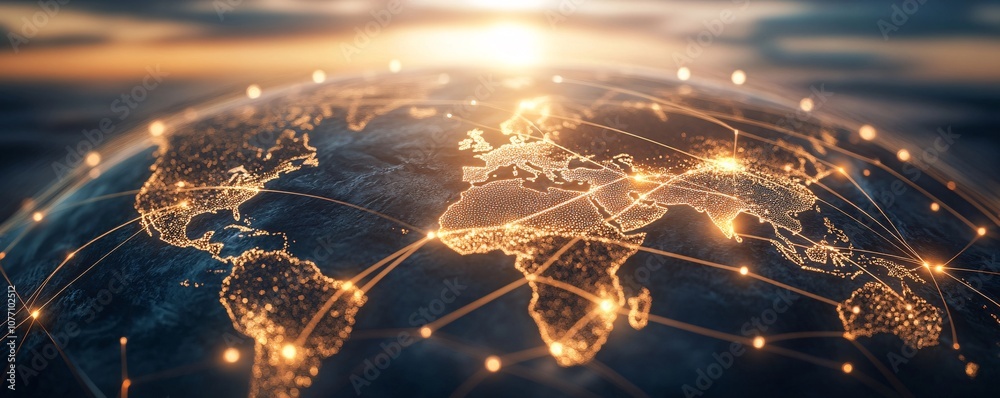 Poster Planet earth rotating showing global network connections at sunset
