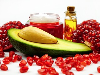 Bottle with extract oil, jar with cream based on pomegranate and avocado, slices of these fresh fruits are on white background.