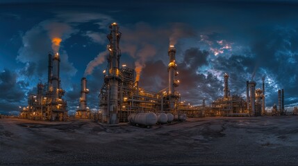 Obraz premium Illuminated Industrial Complex at Dusk with Smoke Plumes