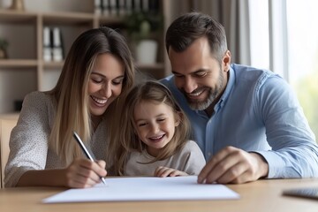 Obraz premium A happy family couple and a little daughter, with a happy smile as she signs a real estate transaction contract in a newly purchased house.