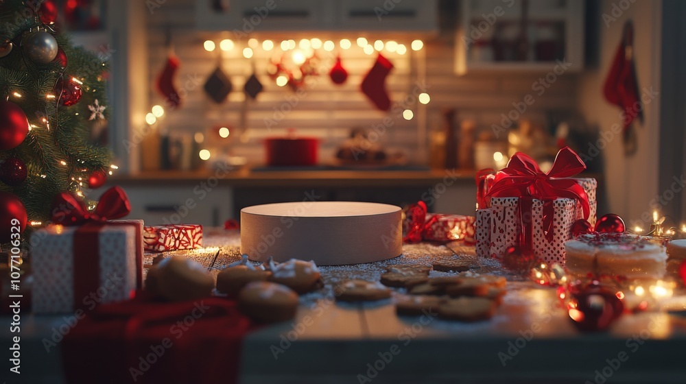 Poster A decorated Christmas tree is in the foreground, with a table in front of it that has several presents, cookies, and a blank white cylinder in the center.