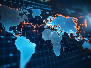 Obraz premium Digital World Map with Glowing Connections and Data Visualization Representing Global Trade, Technology, and Network Interactions for Stock Photography Use