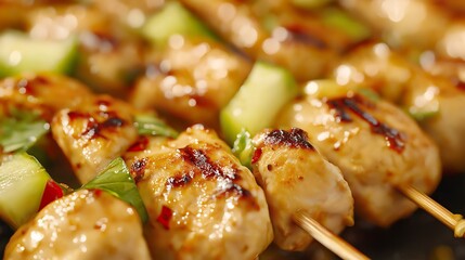 Skewers of grilled chicken satay with peanut sauce, served with cucumber relish, grilled chicken satay, Thai appetizer.