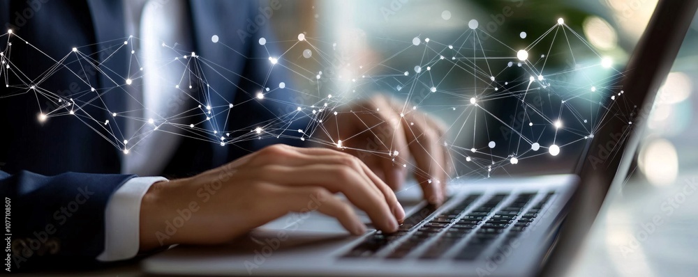 Aufkleber Businessman working on laptop with network connection visualized