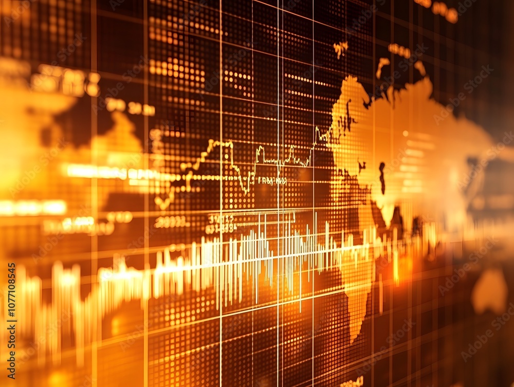 Aufkleber Abstract financial world map with vibrant orange tones, showcasing global trade patterns and data visualization with interconnected lines and graphs