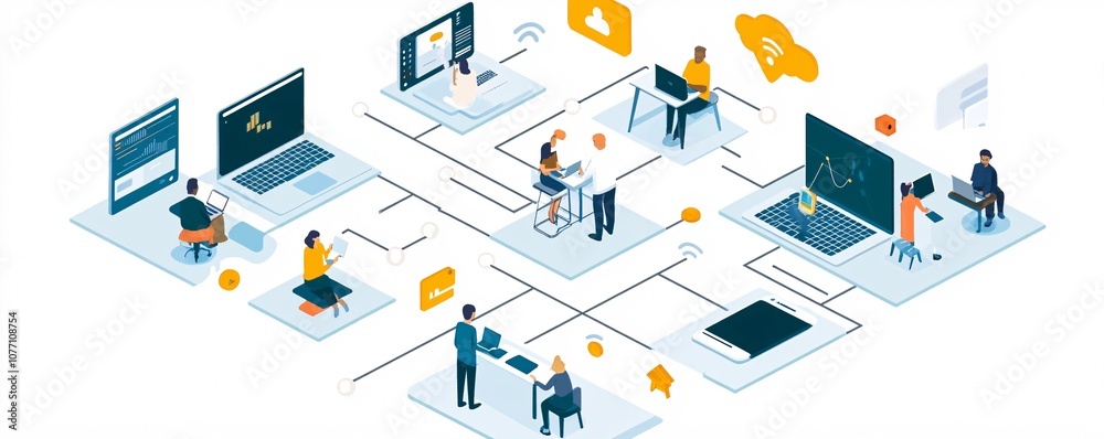 Poster Software developers working remotely connecting through cloud computing network