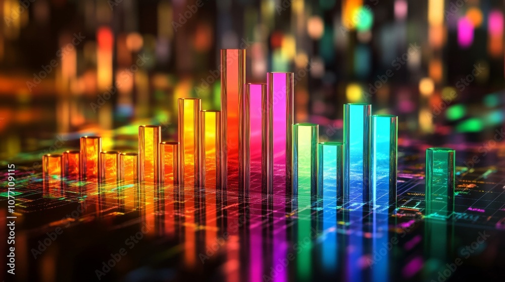 Poster Colorful Digital Graph with Vibrant Bars and Fluctuating Data Visualizations, Reflecting Modern Technology and Business Analytics Trends