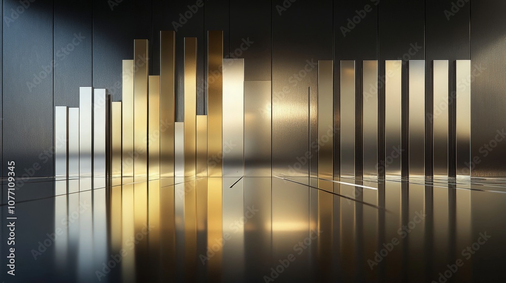 Fototapete abstract financial data visualization with metallic bars and reflections on a smooth surface, repres