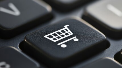 Obraz premium Close up of a black keyboard key featuring a white shopping cart icon, representing the ease and convenience of online shopping and e commerce