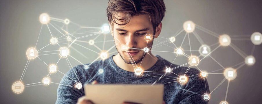 Young man using tablet and connecting with global network