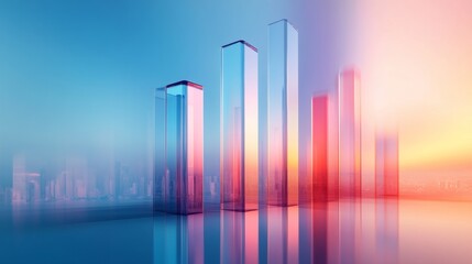 Fototapeta premium Abstract representation of financial growth with colorful glass bar graphs reflecting light against a modern city background, symbolizing success and investment strategies.