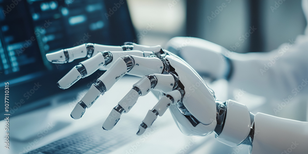 Poster robot hand typing on computer: a close-up shot of a robotic hand typing on a computer keyboard, show