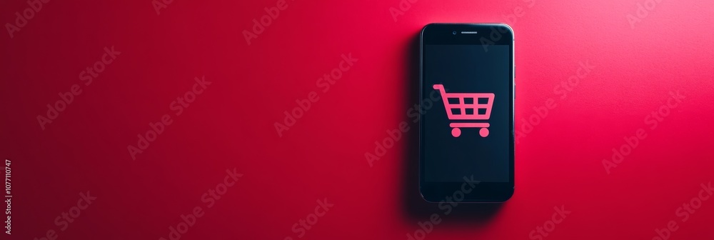 Poster mobile phone displaying shopping cart symbol on red background represents online shopping, e commerc
