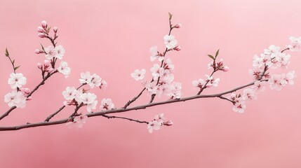 Obraz premium Delicate cherry blossom branch against soft pink background with minimalistic design