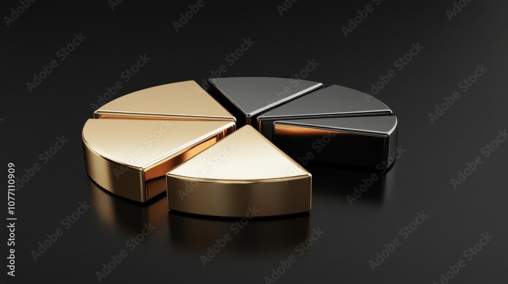 Aufkleber shiny gold and black pie chart segments on a dark reflective surface creating an elegant contrast fo