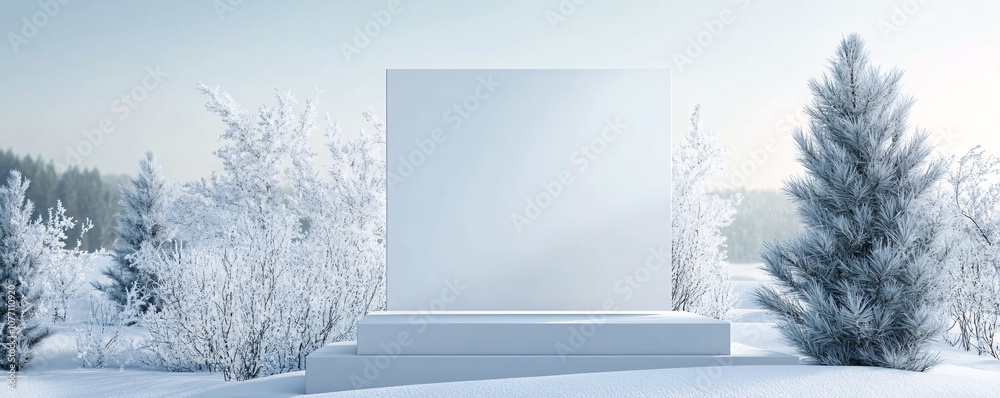 Poster white display stand in beautiful winter wonderland showing frosty trees and snow