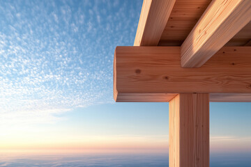 Fototapeta premium wooden beams against a blue sky with clouds, wooden construction concept